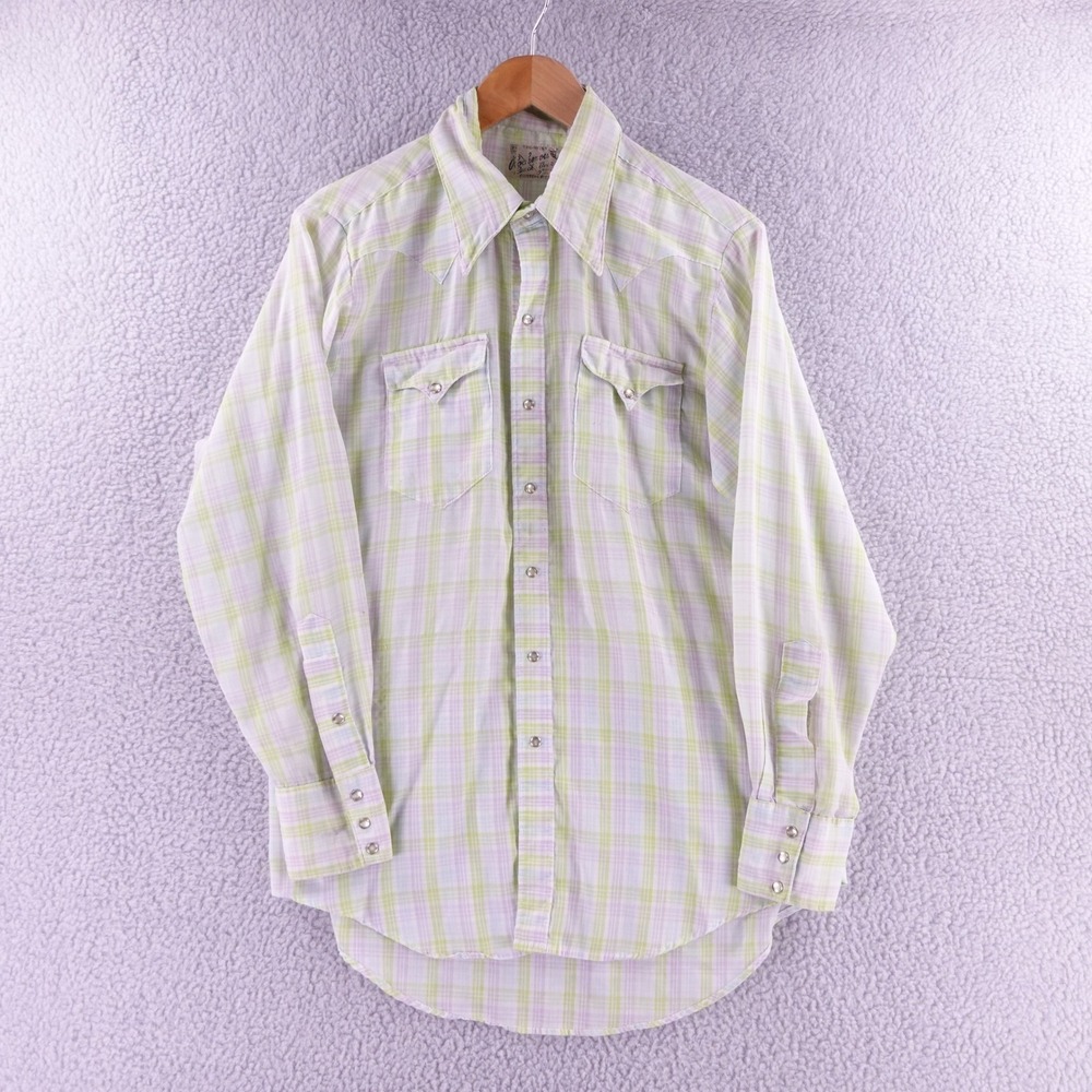 Vintage Rockmount Ranch Wear Mens Plaid Pearl Snap Western Shirt Green Purple L